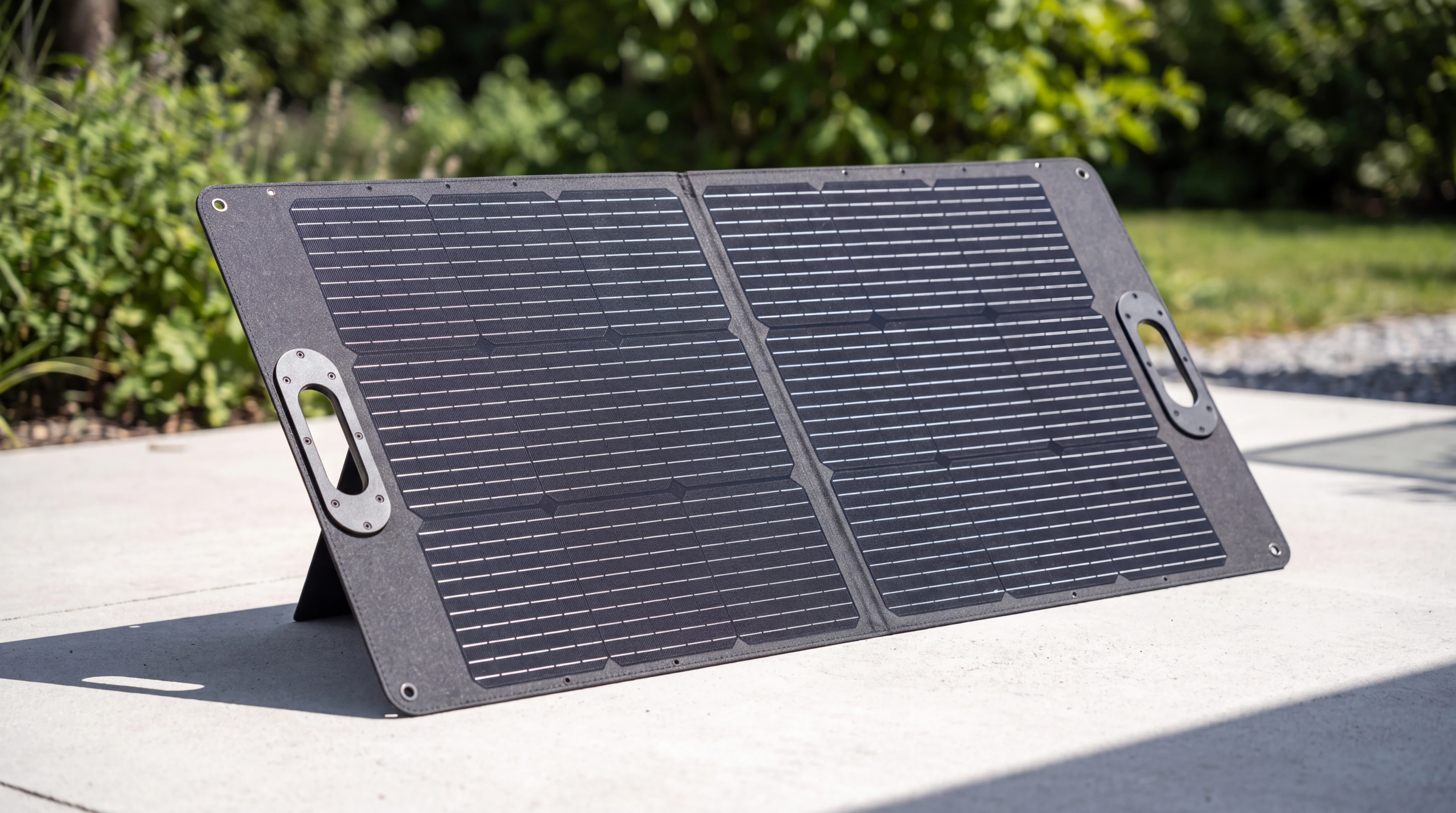 Terasta ayağı açık duran katlanabilir Orven 100W güneş paneli