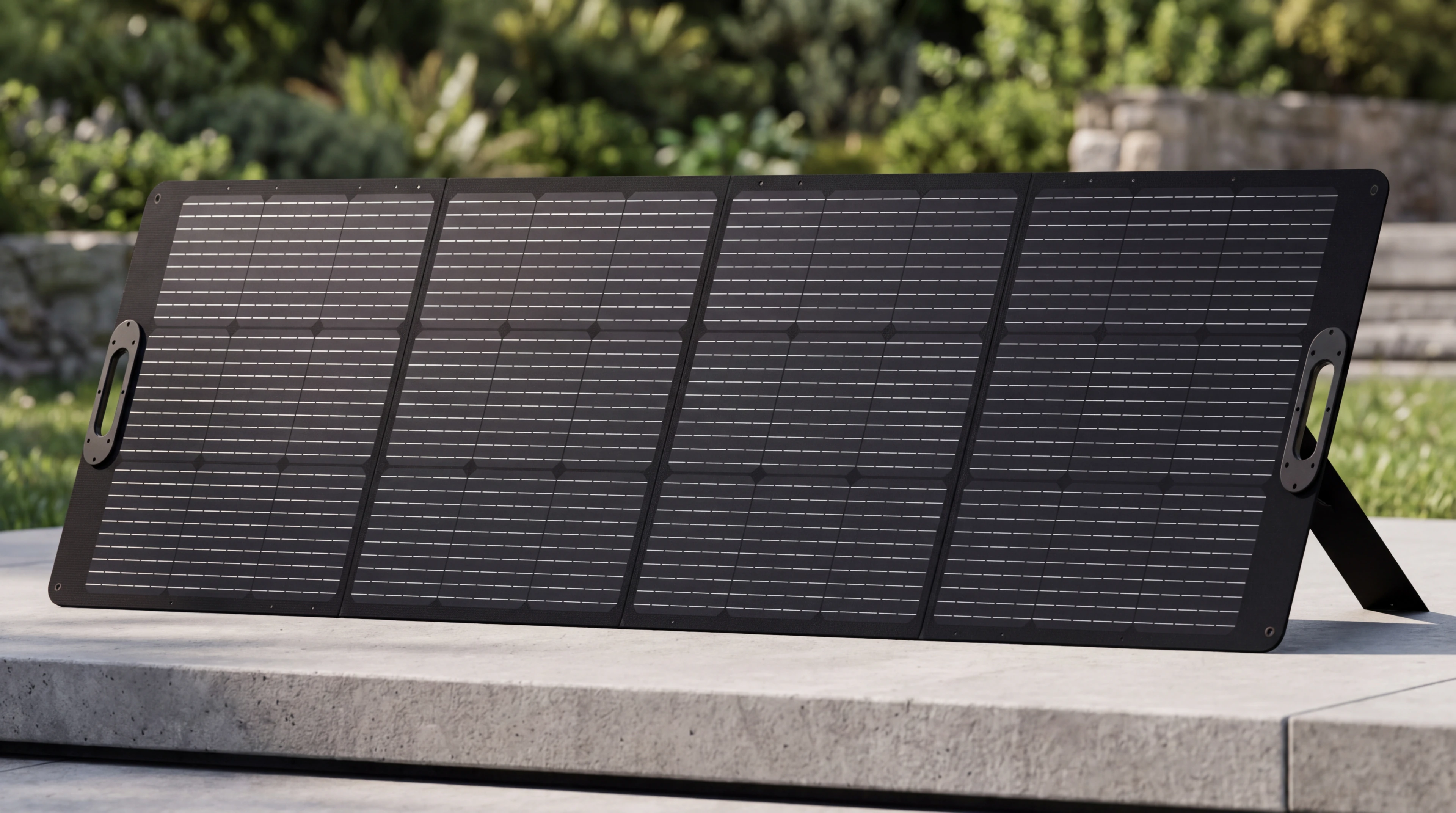 Terasta ayağı açık duran katlanabilir Orven 360W güneş paneli