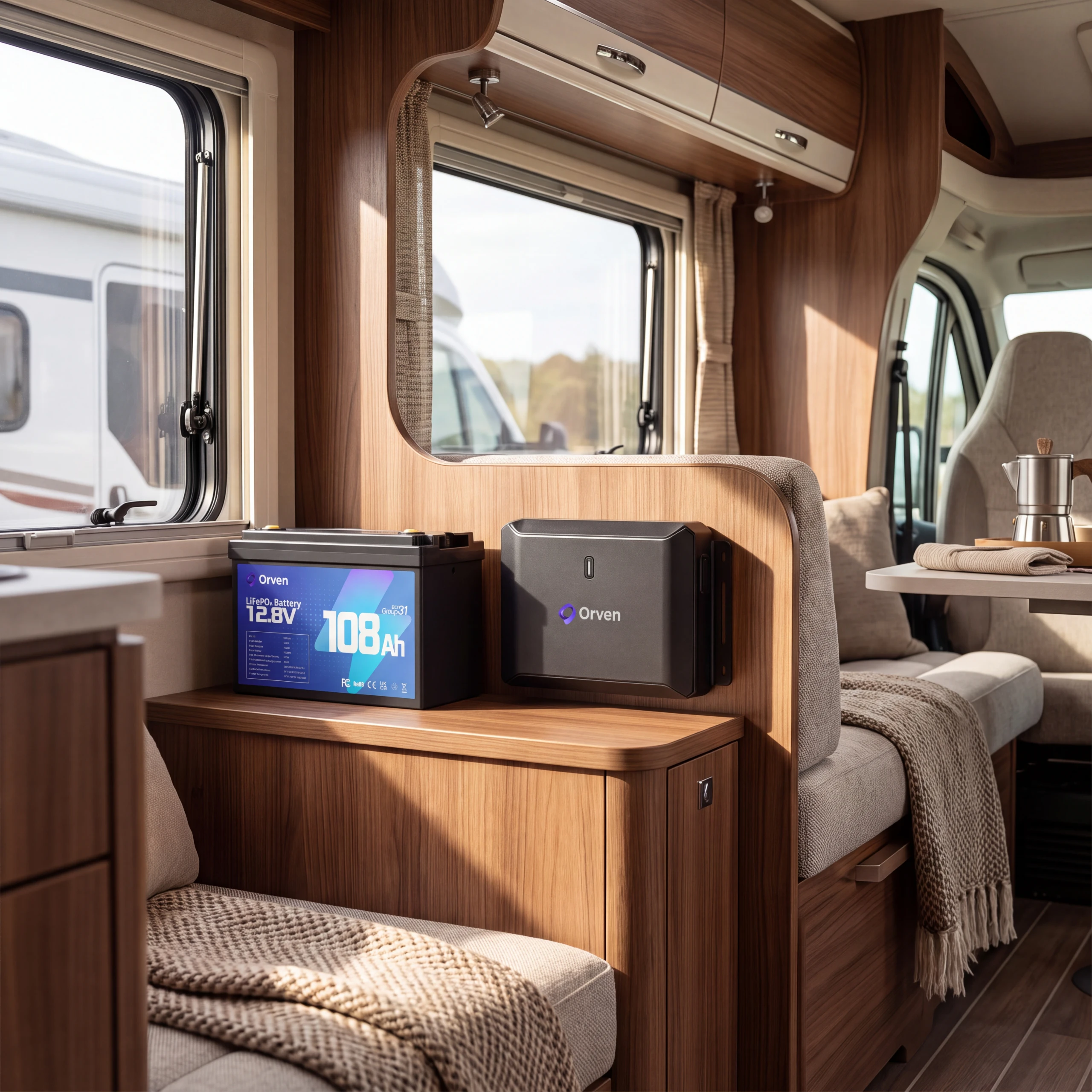Karavanın içinde Orven DC800 ve Orven LFP akü