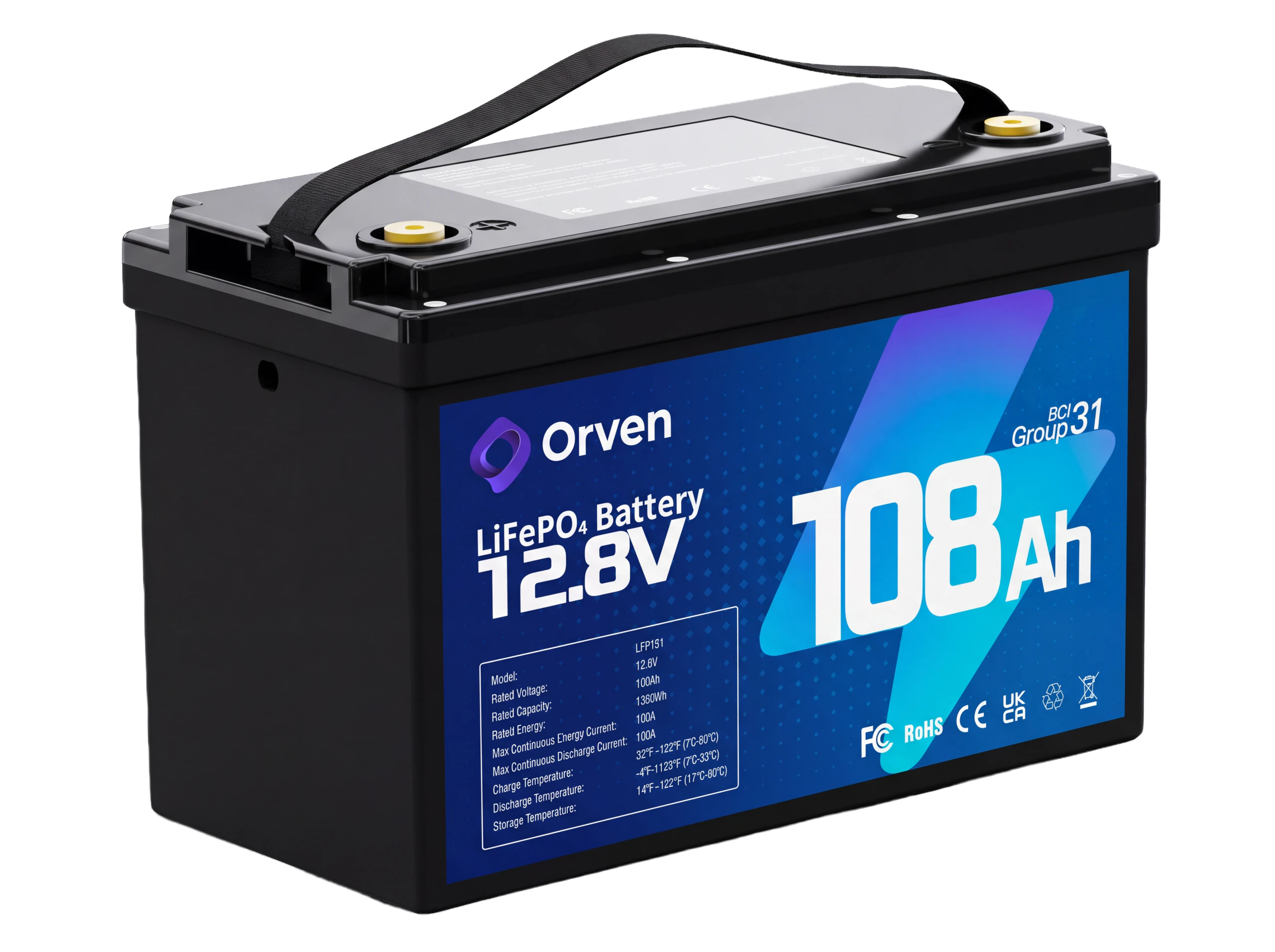 Orven LFP121 LiFePO4 Akü, açılı görünüm