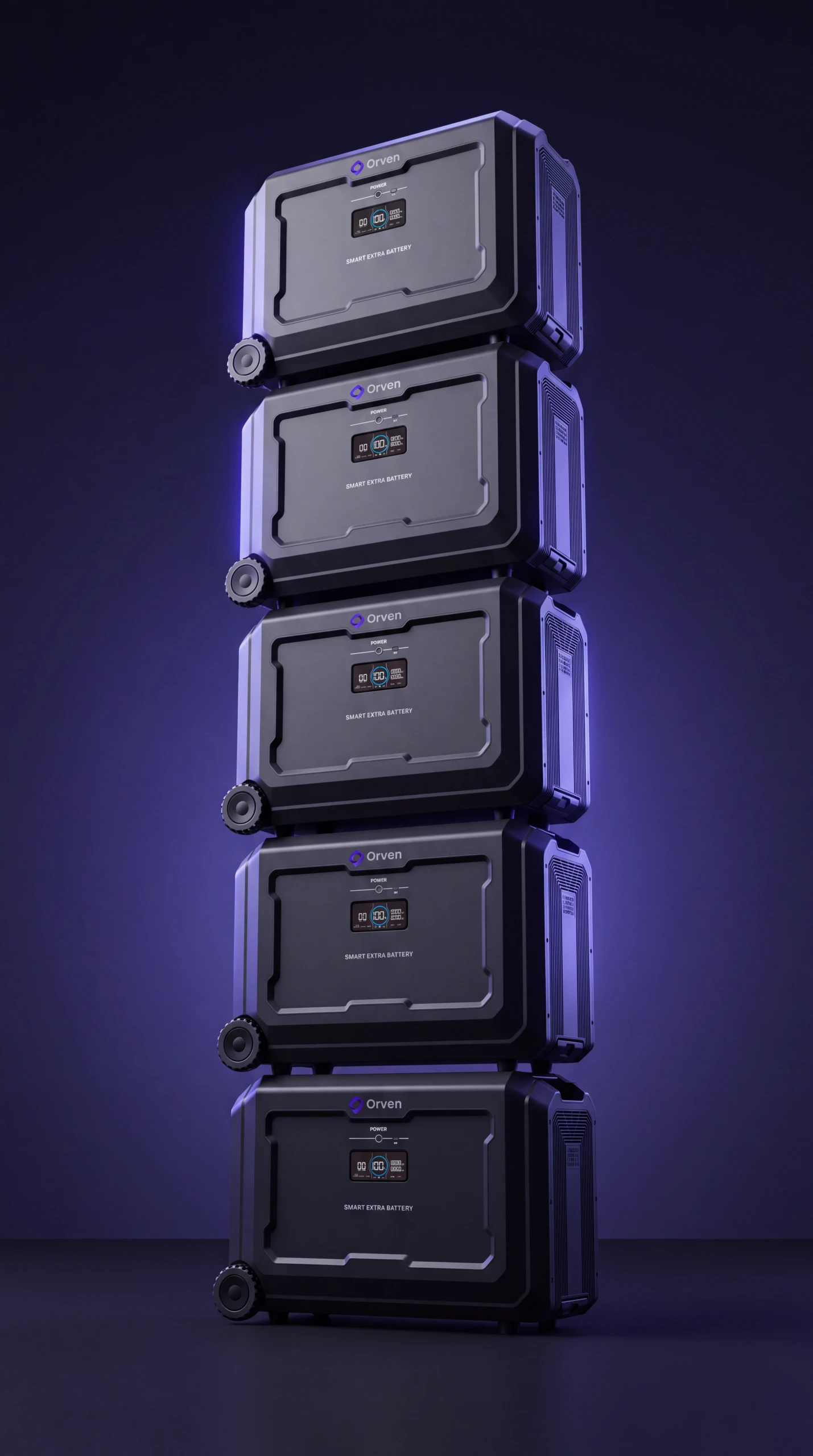 Üst üste dizilmiş beş Orven Stack B5 Ek Batarya